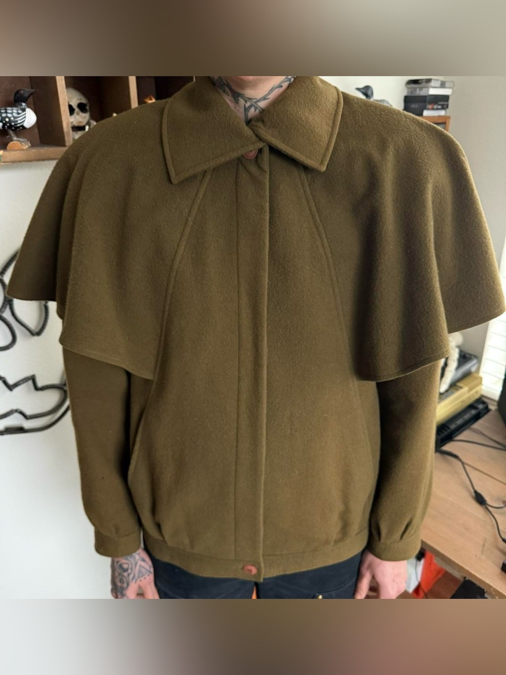 Vintage 80s Alfred Sung Olive Green Wool Cape Coat ~ Size Small